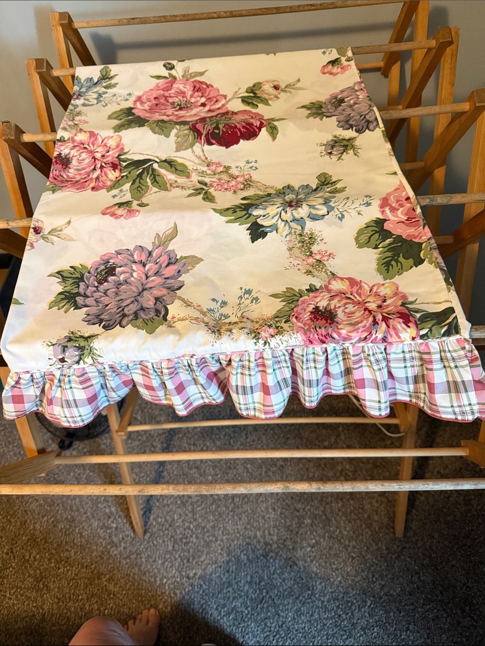 Waverly “Norfolk Rose” Pink Floral Ruffled Pillow Sham with Green plaid Accents